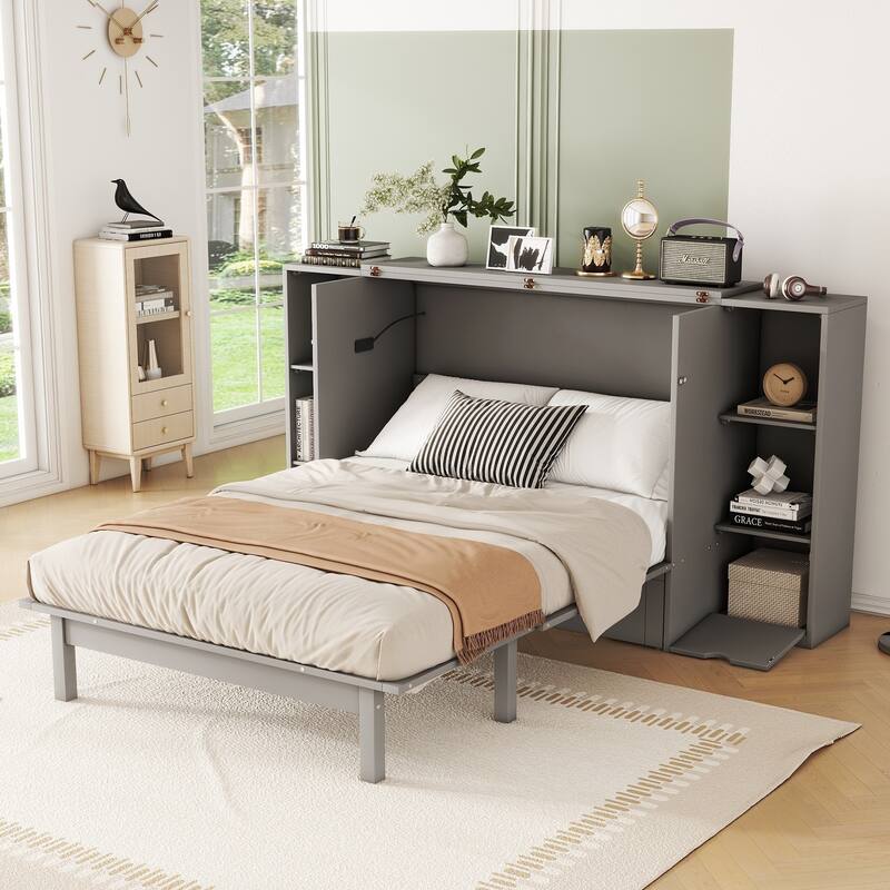 Full Size Murphy Bed with Shelves, Drawers, and LED Lighting - Gray - Full
