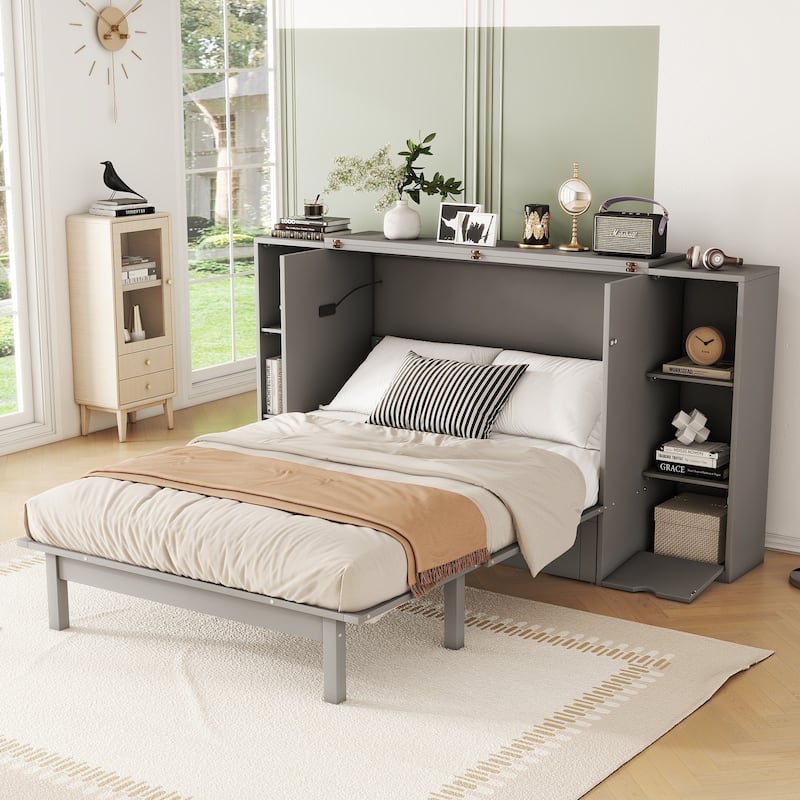 Full Size Murphy Bed with Shelves, Drawers and USB Ports,Gray