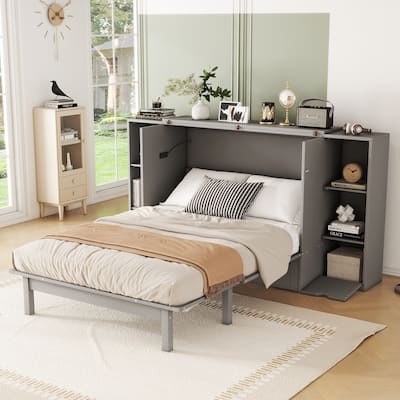 Gray Full Size Murphy Bed with Shelves, Drawers, and LED Lighting