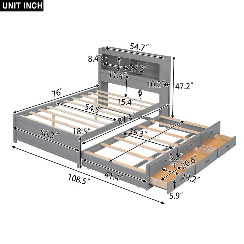 Full Platform Bed with Twin Size Trundle,Bookcase Headboard,Charging Station and 3 Drawers,Wood Full Storage Bed Frame for Kids