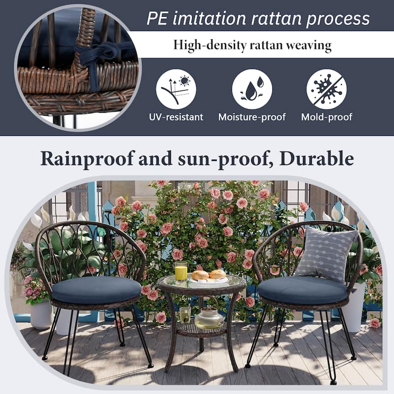 Outdoor Rattan Chairs with Glass Round Table for Patios (Set of 3)