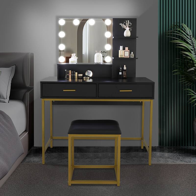 Vanity Set with Cushioned Stool 10 LED Bulbs 3 Shelves and 2 Drawers