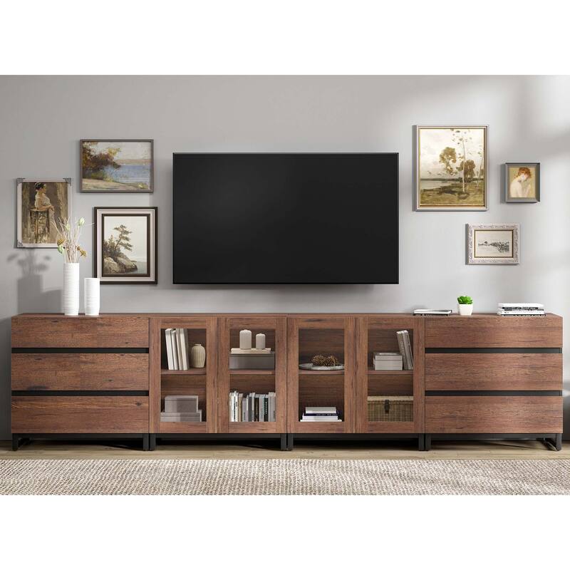 4-in-1 TV Stand for 120" TVs, TV Console with Glass Doors & 6 Drawers