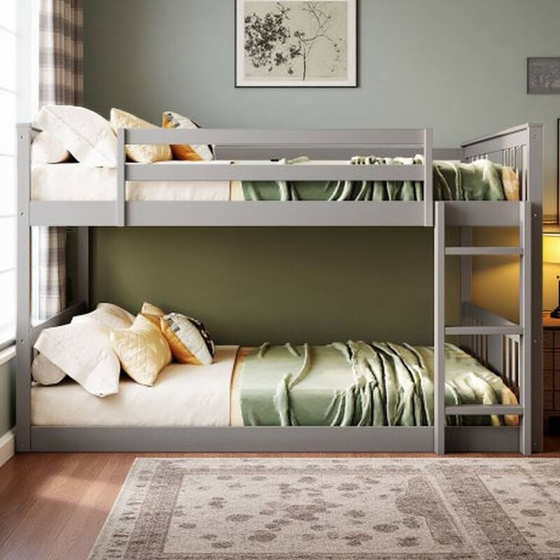 Full Size Solid Pine Bunk Bed with Guardrails and Ladder, Box Spring Not Required - Gray
