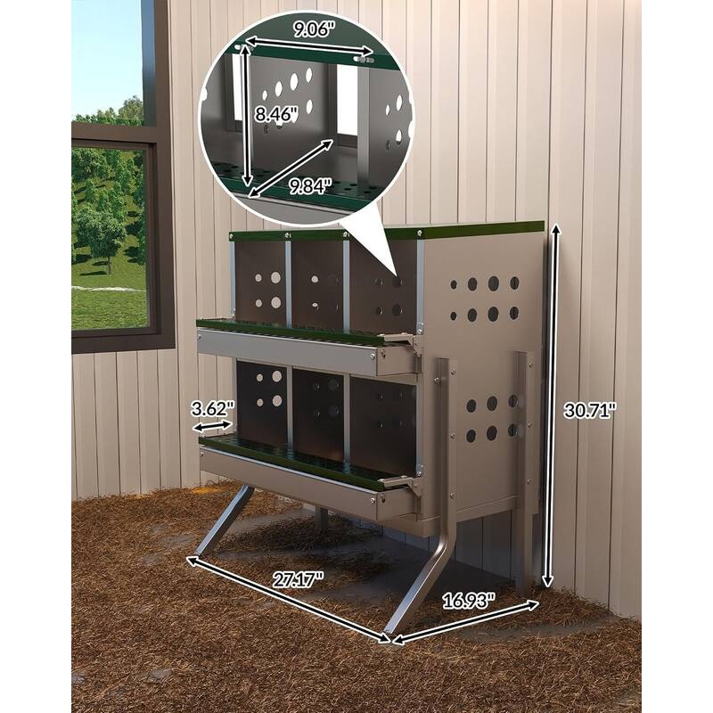 6-Compartment Metal Chicken Nesting Box, Waterproof Egg Laying Box