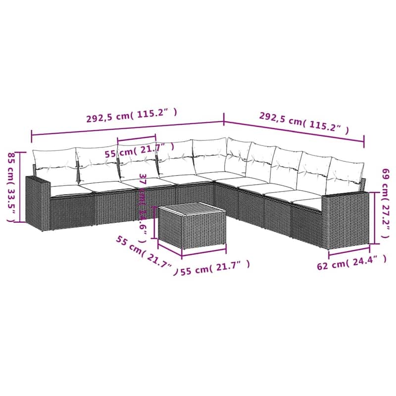 vidaXL Patio Sofa Set with Cushions Outdoor Furniture 10 Piece Poly Rattan - 25.8 x 24.4 x 27.2