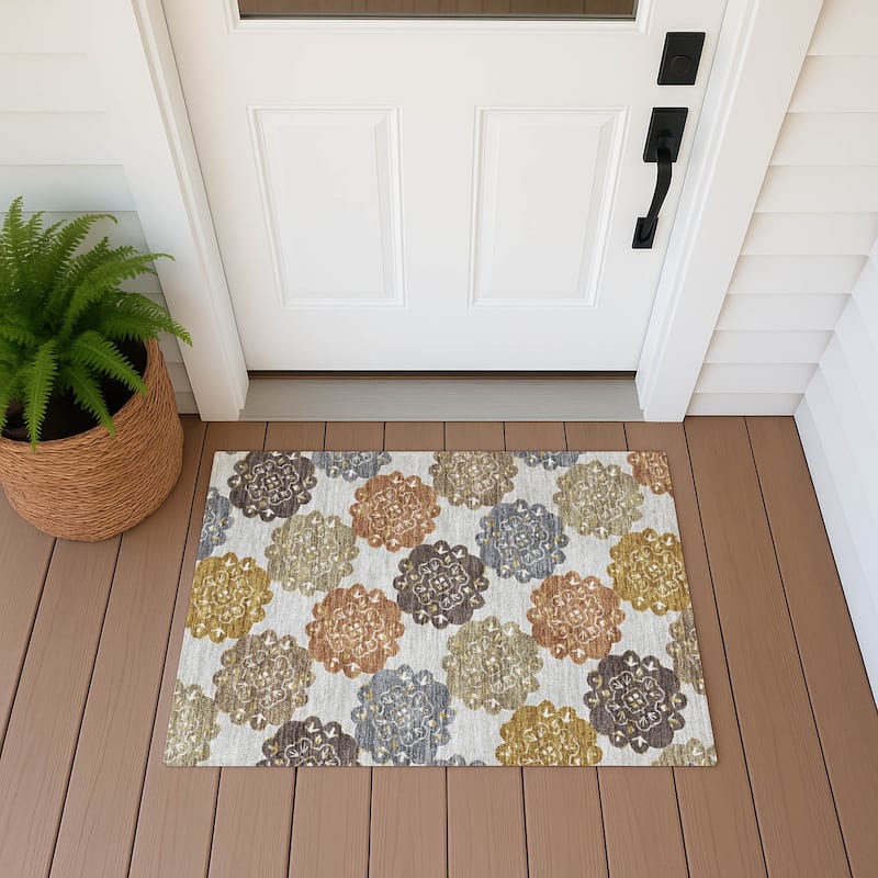 Machine Washable Indoor/ Outdoor Global Motif Chantille Rug - Earth - 1'8" x 2'6"