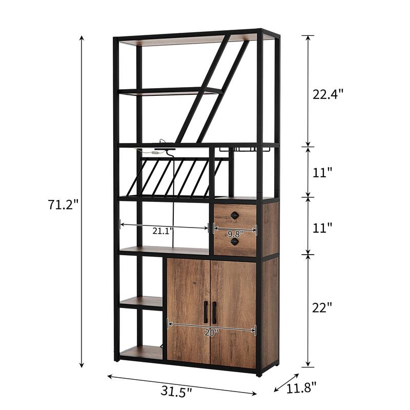 Wine Bar Cabinet with LED Lights, Tall Coffee Bar Station with Power Outlets and Wine Rack