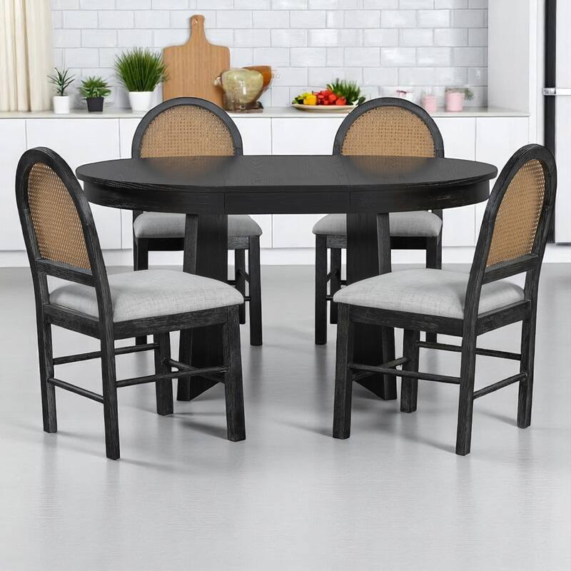 5-Piece Retro Extendable Dining Table Set for 4 with Upholstered Chairs and Rattan Backrests, Kitchen Table Set for Dining Room