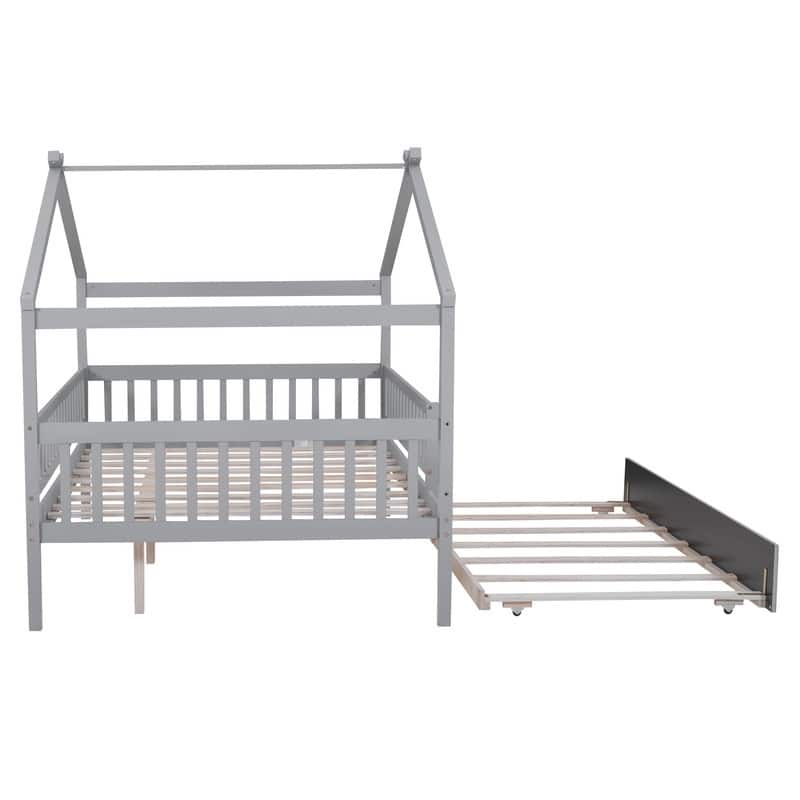 Full Size House Bed for Kids, Wooden House Bed Full with Trundle
