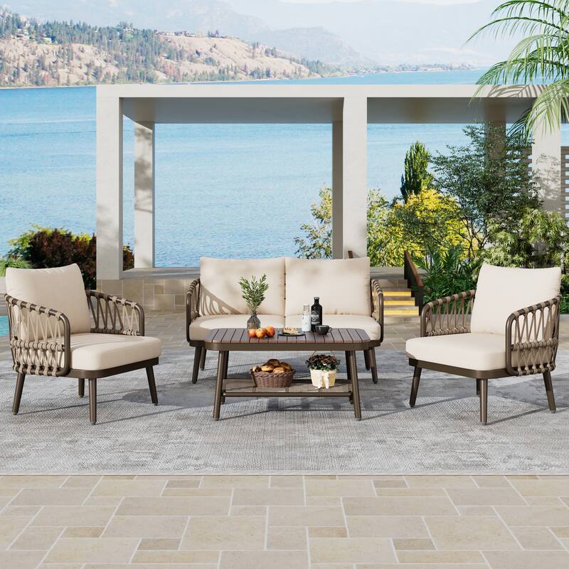 4-Piece Outdoor Patio Furniture Set w/ Coffee Table Outdoor Conversation Set for Garden, Poolside, Balcony - Beige