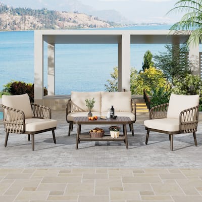 4-Piece Outdoor Patio Furniture Set w/ Coffee Table Outdoor Conversation Set for Garden, Poolside, Balcony
