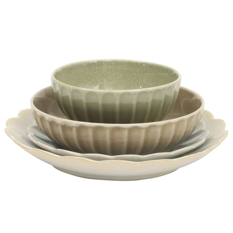 Gibson Elite Malibu Shore 16 Piece Scallop Stoneware Reactive Glaze (Service for 4) Ceramic Plates and Bowls Dinnerware Set