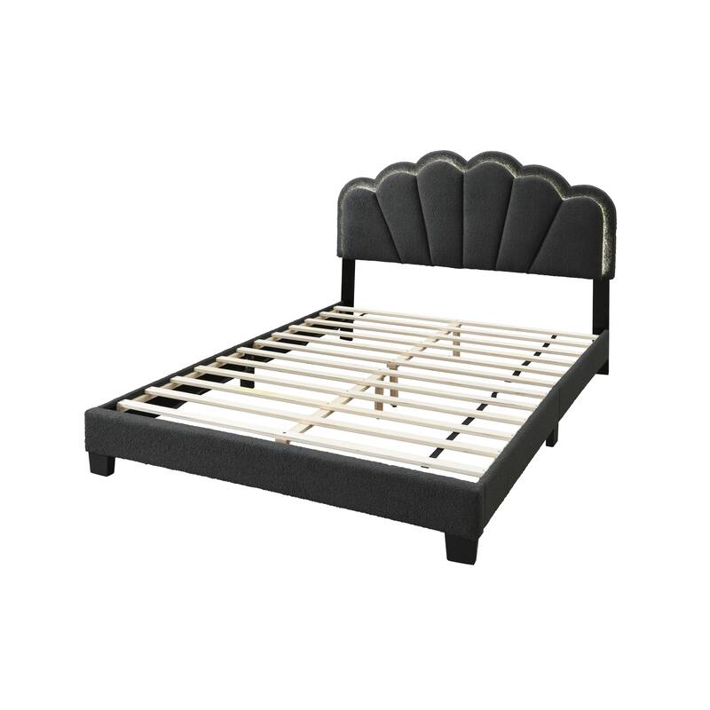 Queen Size Wool Upholstered Platform Bed Frame with Floral LED Headboard for Modern Bedrooms, Box Spring Not Required