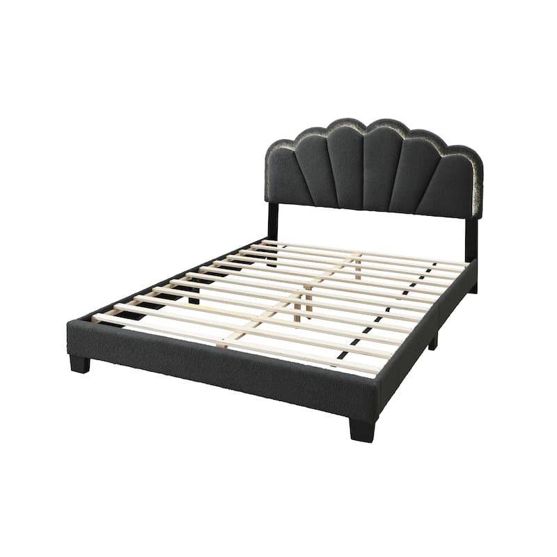 Queen Size Wool Upholstered Platform Bed with Floral Stitch Headboard and LED Lighting