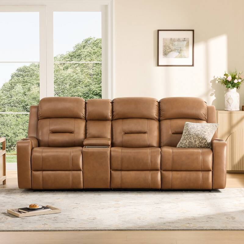 Spruce & Spring Genuine Leather Power Reclining Sofa with Wireless Charging - 3PC+Console - Saddle