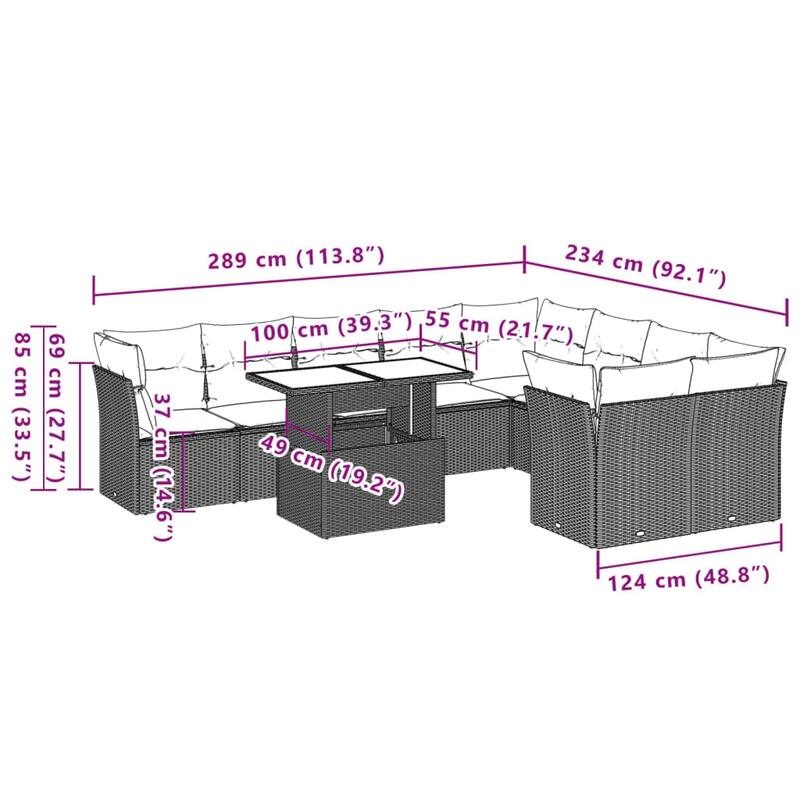 10-Piece Patio Sofa Set with Cushions - 21.7 x 39.4 x 28.7 in