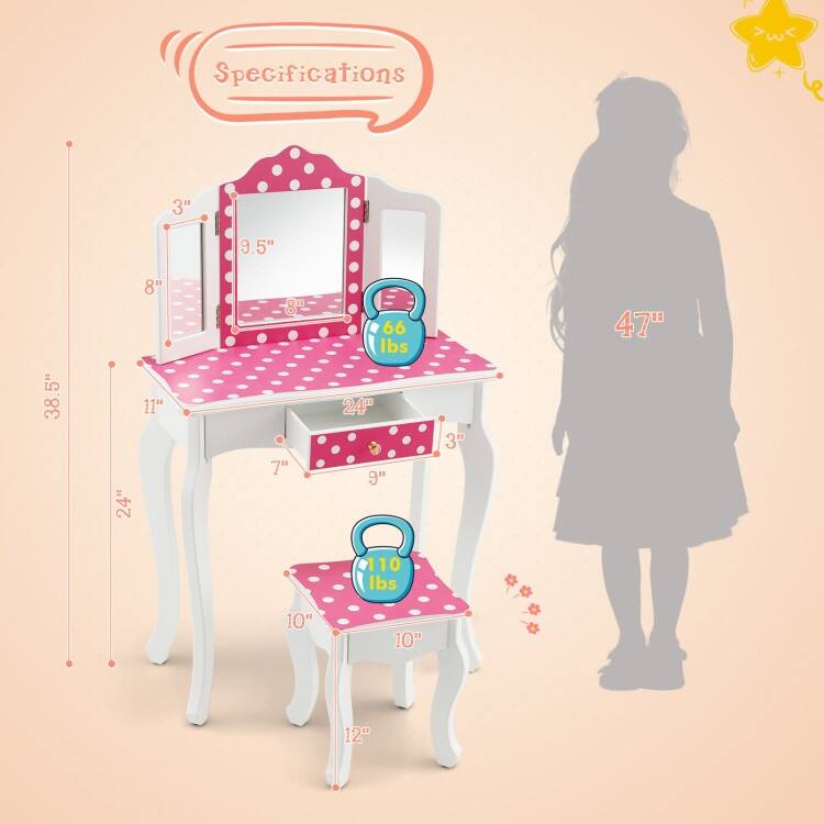 Kids Vanity Table and Stool Set with Cute Polka Dot Print-Pink - N/A
