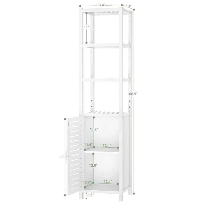 Bamboo Narrow Bathroom Storage Cabinet, 6-Tier 67 Inch Tall Floor Standing Tower with Shutter Door and Open Shelves