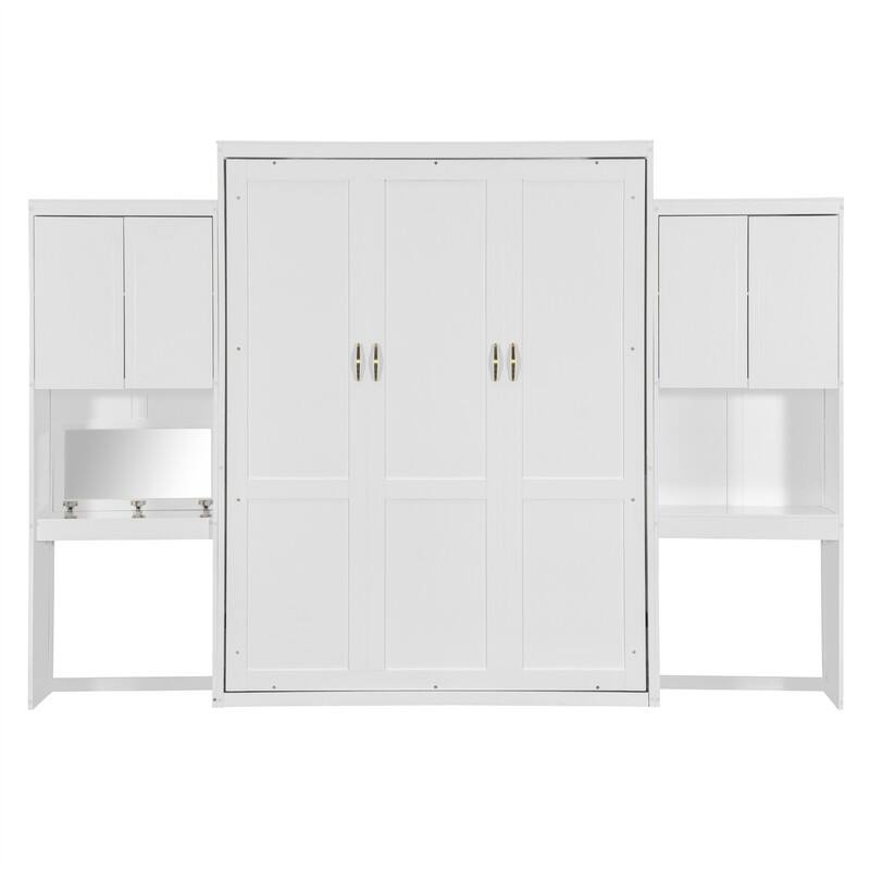 Queen Size Murphy Bed Wall Bed with Desk, Mirror and Vanity, Wooden Foldable Murphy Cabinet Bed with Storage Cabinets