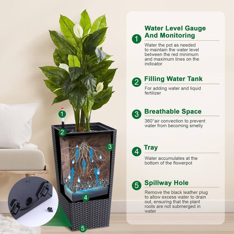 Planters Set of 2, Outdoor＆Indoor Planter Pots, Automatic Watering,High Front Porch Planter Pots