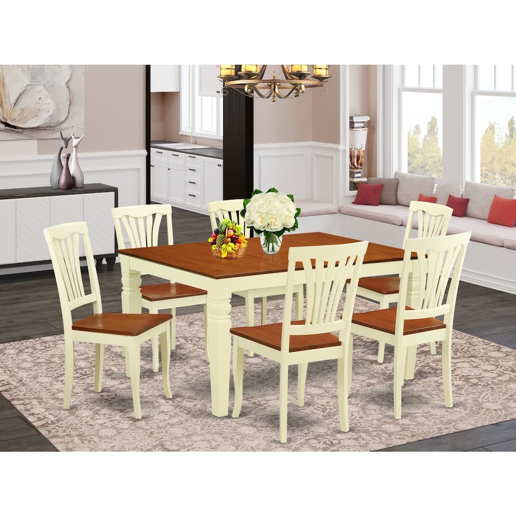 HomeStock 7-Piece Buttermilk and Cherry Finish Solid Wood Top Dining Table with 6 Chairs with Lattice Back