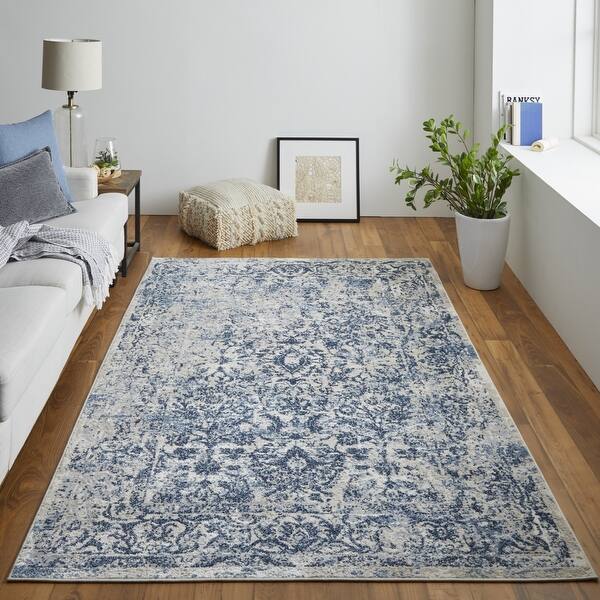 8' X 10' Blue And Ivory Floral Power Loom Distressed Area Rug - 3'6 ...