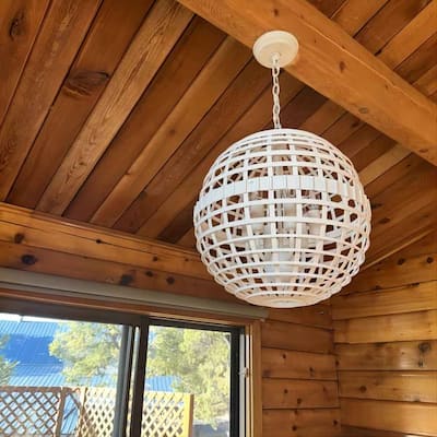Cottage Distressed White Metal Globe Dimmable 6-Light Chandelier Pendant Light