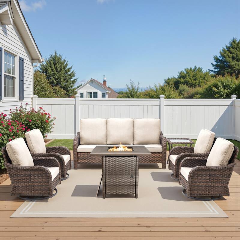Pocassy Patio Funiture Sofa Swivel Chair Ottoman with Fire Table Set - Beige Cushion - Brown Wicker - 8-Piece Sofa Swivel Chair with Fire Pit Table