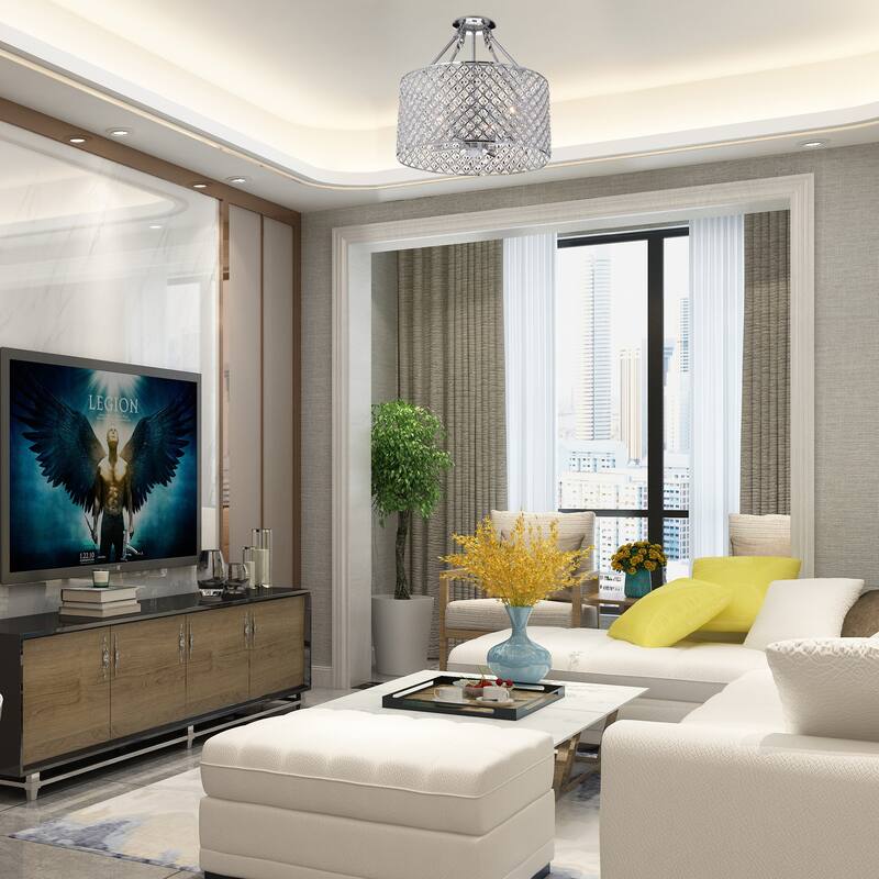 Chrome 4-Light Beaded Drum Crystal Semi Flush Mount