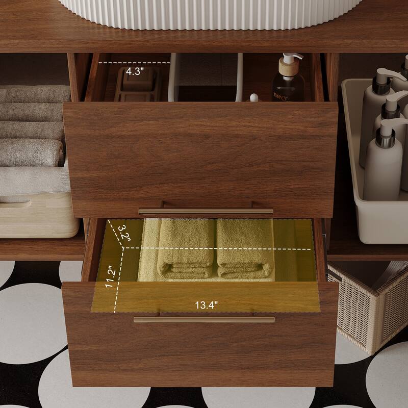 39.4 Floating Bathroom Vanity with Oval Ceramic Sink, Solid Wood Wall-Mounted Bathroom Cabinet, White+Walnut - 39 Inch