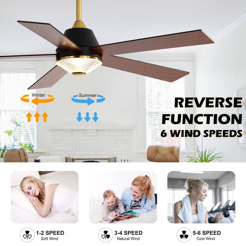 Oaks Aura 52" LED Dimmable Ceiling Fan,Modern Black Reversible Blades Fan Light,6 Speeds Quiet DC Motor with Remote for Indoor