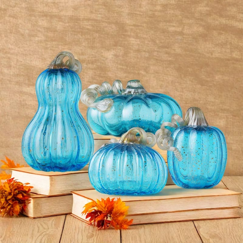 Glitzhome Fall Hand Blown Blue Glass Pumpkin Thanksgiving Table Decor - A & B & C & D