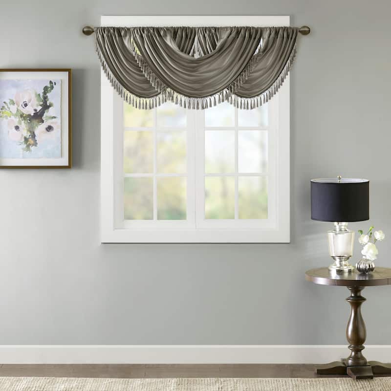 Madison Park Juline Faux Silk Waterfall Embellished Valance - 38 x 46" - Charcoal