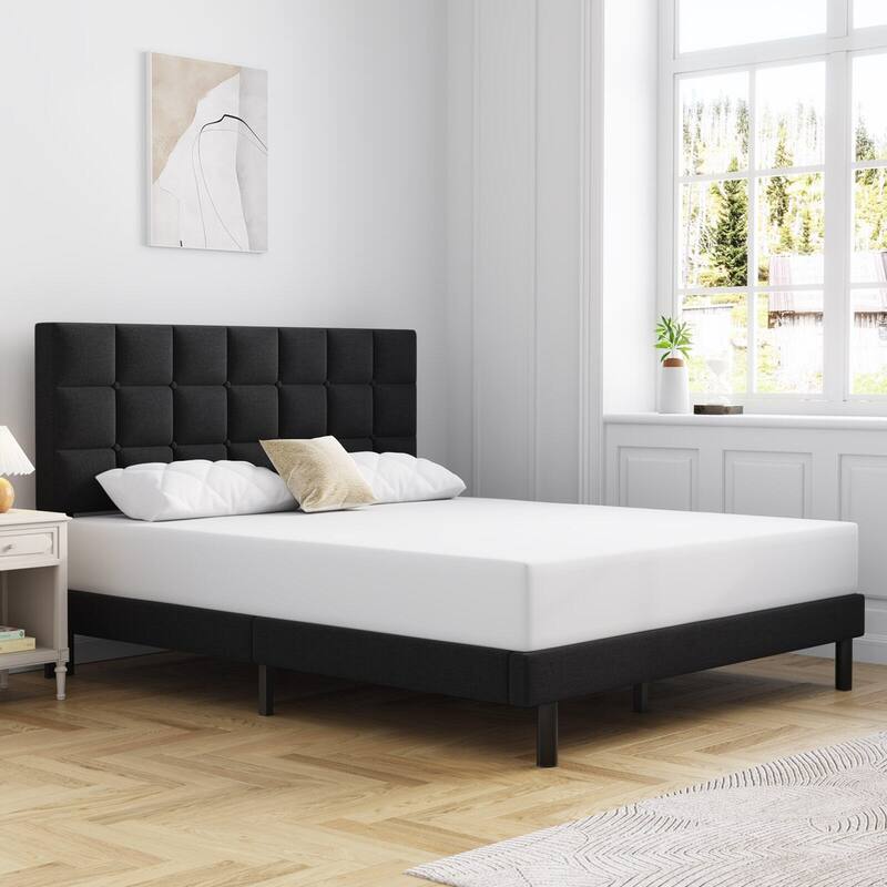 Bed Frame with Upholstered Headboard, Gray Metal Frame Wooden Slats Support.