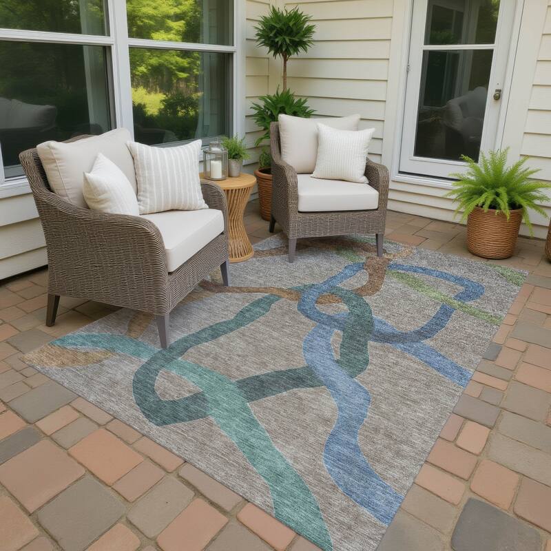 Machine Washable Indoor/ Outdoor Abstract Links Chantille Rug - Taupe - 9' x 12'
