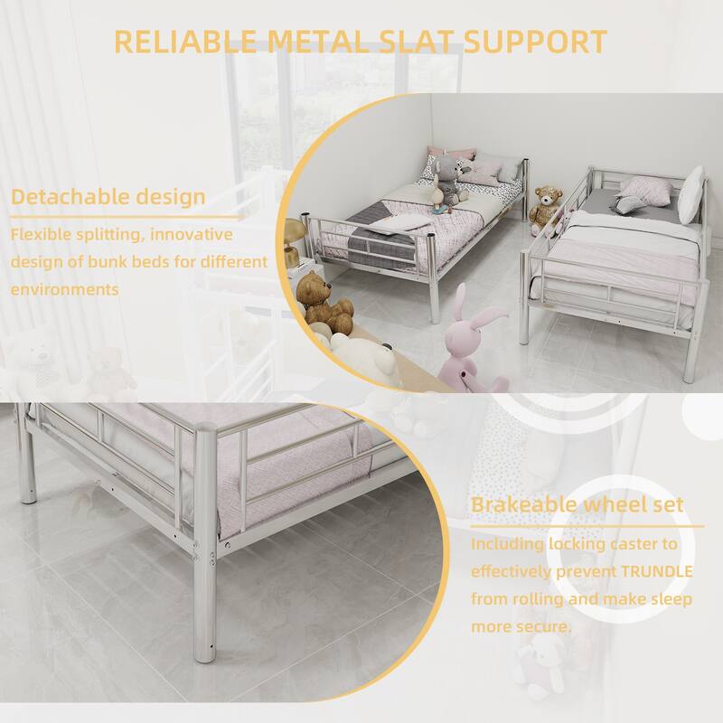 Twin Over Twin Metal Bunk Bed with Ladder and Guardrail, Convertible to 2 Separate Beds, No Box Spring Required