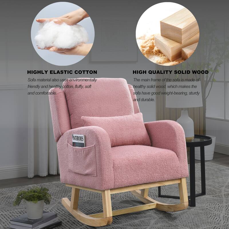 High Back Rocker Accent Chair with Wood Base, One Lumbar Pillow and Two Side Pockets