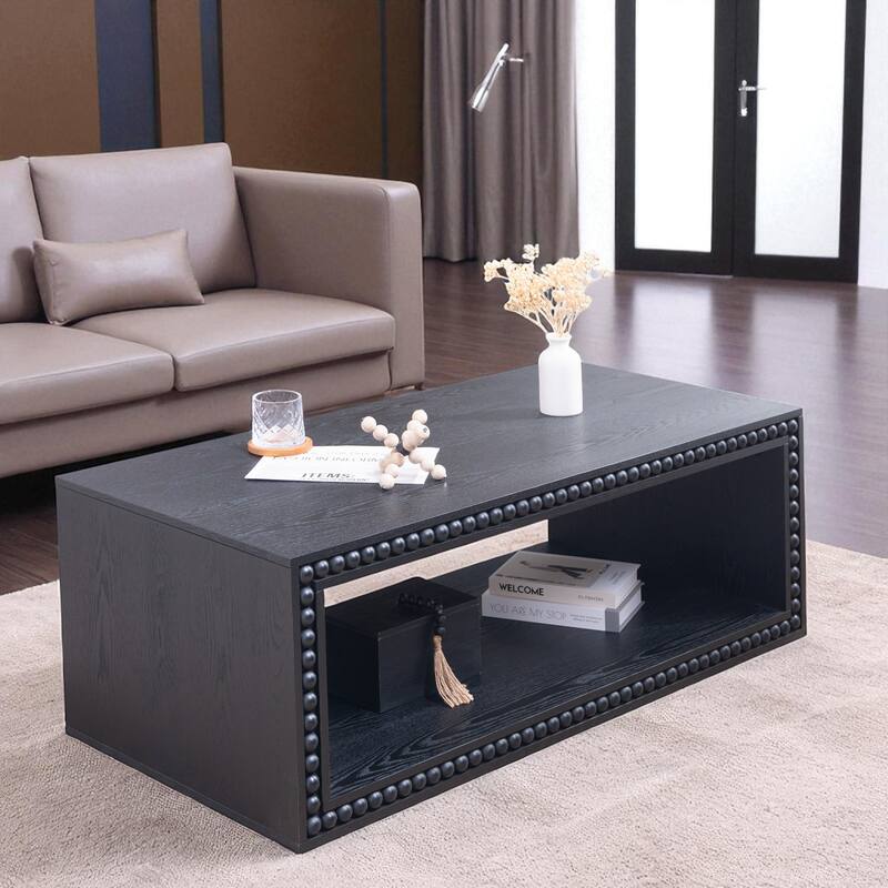 Rustic Beaded Edge Coffee Table 47.6" Rectangular Center Table with Open Storage Shelf Farmhouse Style - Black