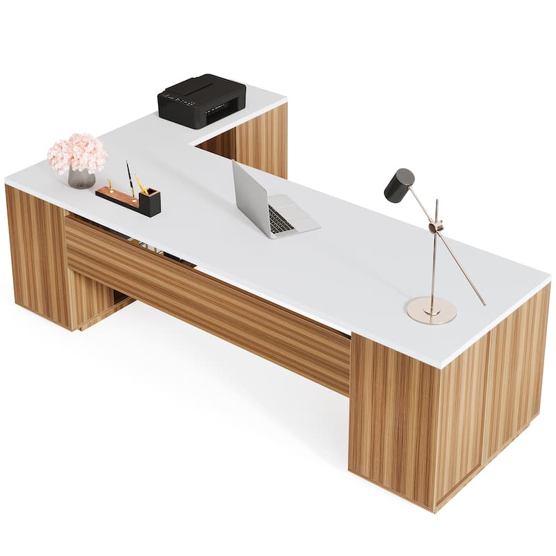 Wood L-Shaped Executive Desk with File Drawers for Home Office