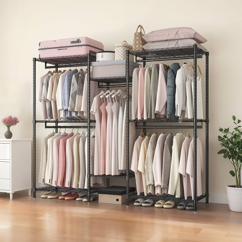 Heavy Duty Garment Rack, Freestanding Closet Organizer, Portable Wardrobe Clothes Rack, Adjustable Wire Shelving Clothes Rack