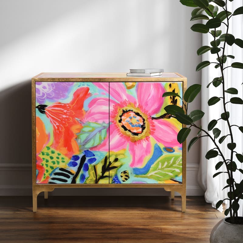 "Secret Garden Floral" Cabinet Console Table on Beveled Reverse Printed Art Glass with Iron Gold Leafed Frame