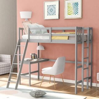 Pine Wood Twin Size Loft Bed with Desk and Two Ladders,Gray - Bed Bath ...