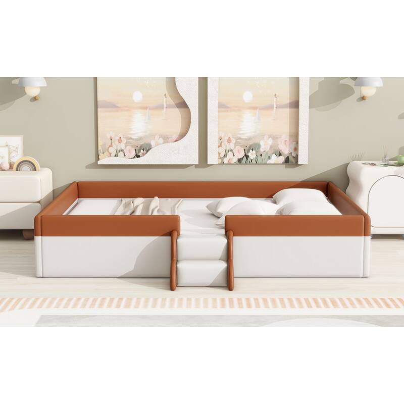 Roomfitters Twin/Full/Queen/King Size Upholstered Daybed Frame with Safety Fence and Stairs, PU Fabric Platform Bed with Slats