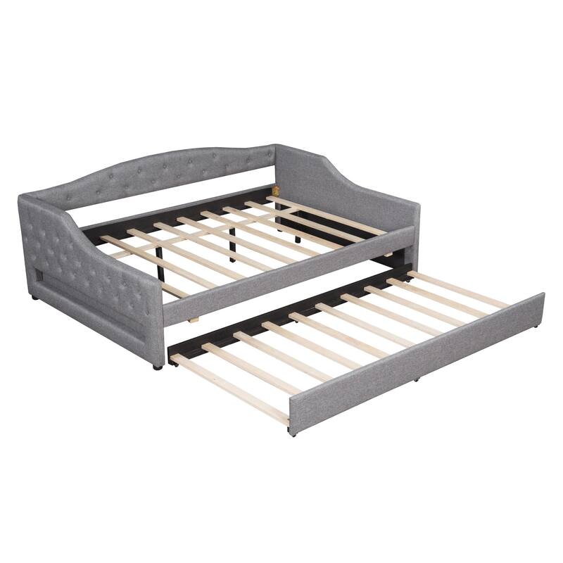 Full XL Size Upholstered Daybed with Linen Cover Backrest & Trundle, Wood Sofa Bed Frame with LED Lighting, No Box Spring Needed