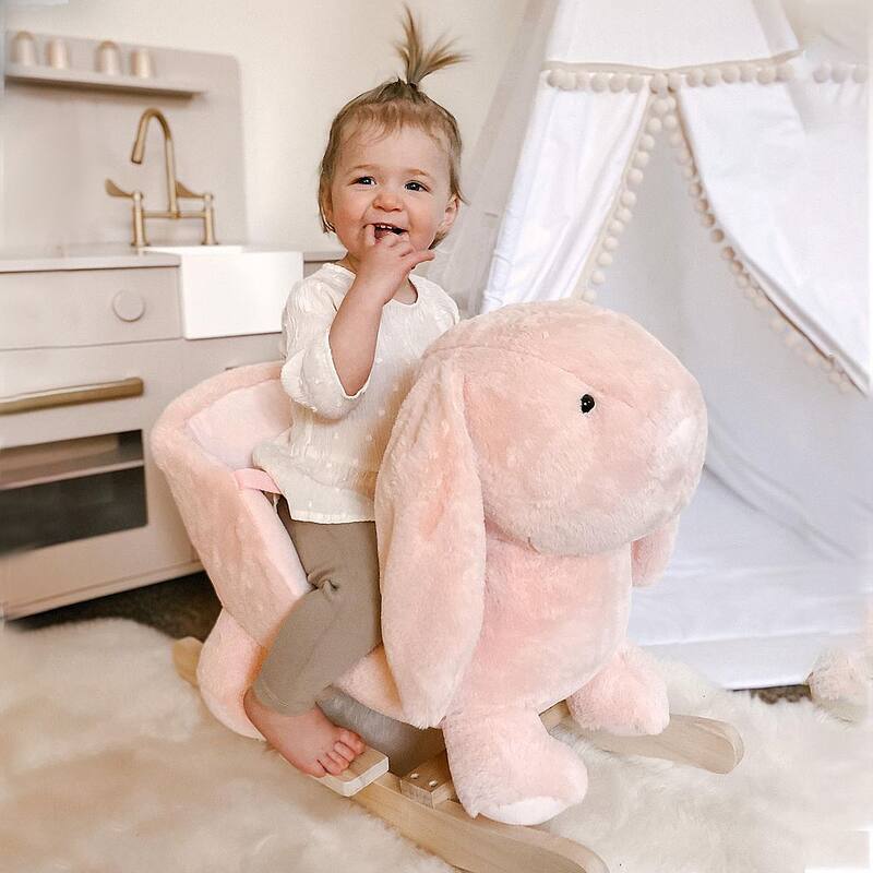Pink Bunny Rabbit Rocking Horse for Toddlers Plush Seat with Sound Effects Safe and Sturdy for Ages 18 to 36 Months