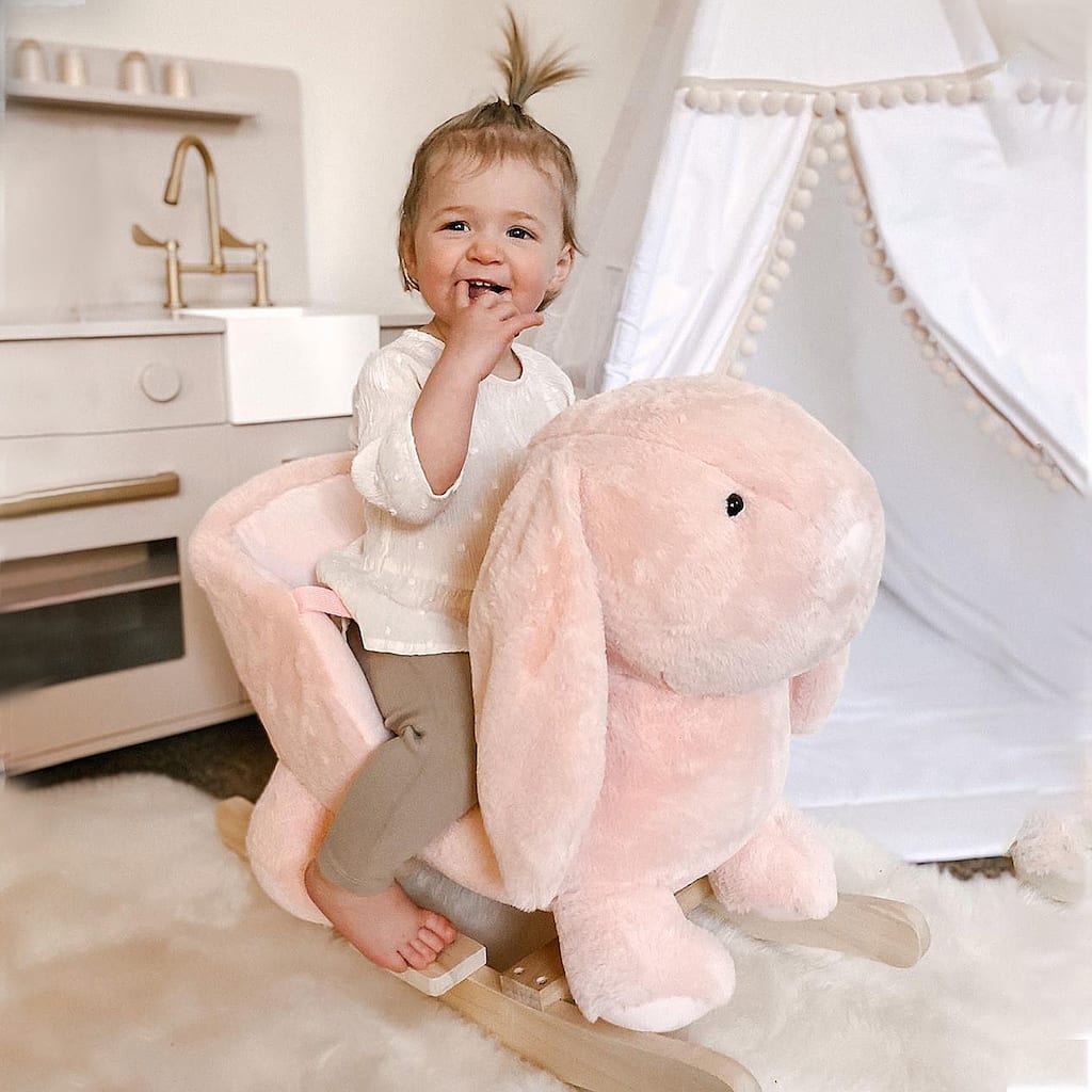 Pink Bunny Rabbit Rocking Horse for Toddlers Plush Seat with Sound Effects Safe and Sturdy for Ages 18 to 36 Months