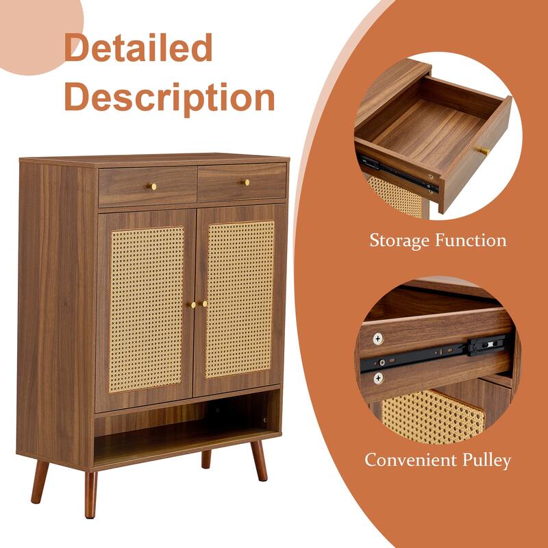 Rattan Weaving Shoe Cabinet, Multi-Functional Shoe Rack Organizer, Sideboard Buffet with Top Drawers & Lower Cabinet Doors