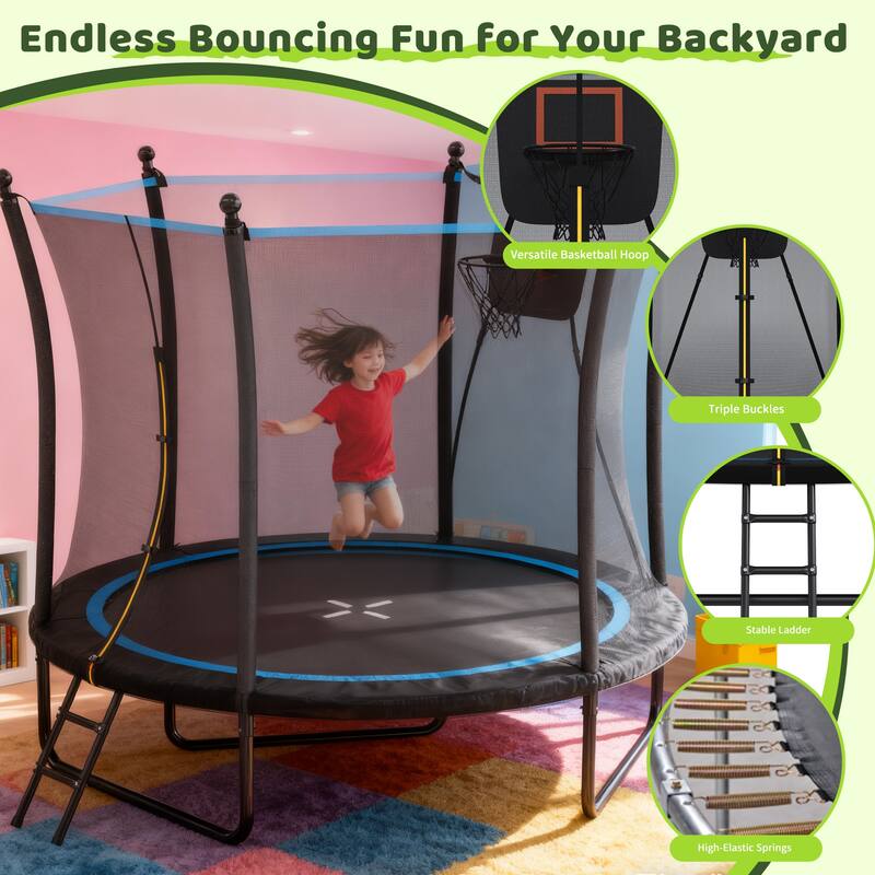 Kids Recreational Trampoline - Safety Enclosure Net, Ladder, Outdoor Backyard Fun - Black - 96