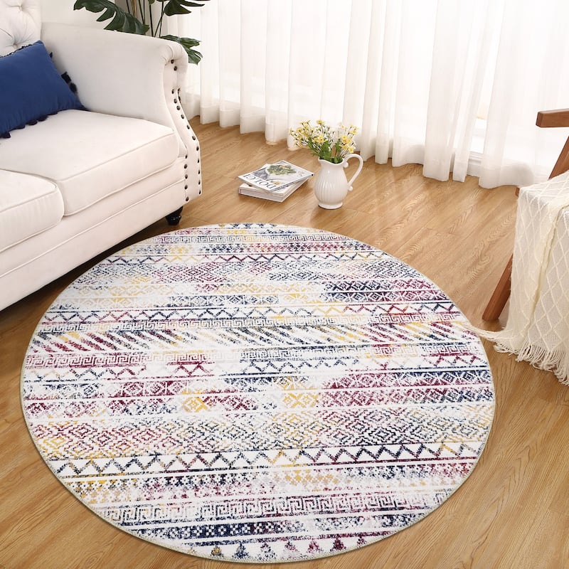 Garvee Moroccan Geometric Machine Washable Area Rug - 3' Round - Colorful